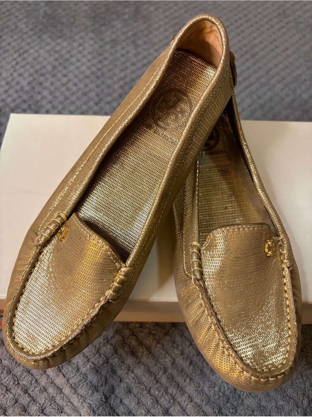 Tory Burch Metallic Gold Driving Loafers 7 - Picture 2 of 9